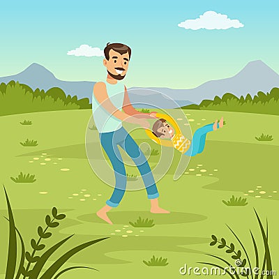 Father rotating his son on nature dad and son playing together on meadow, family leisure flat vector illustration Vector Illustration