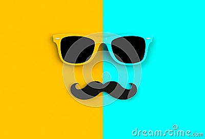 Father`s day concept. Hipster sunglasses and funny moustache on yellow and blue background Stock Photo