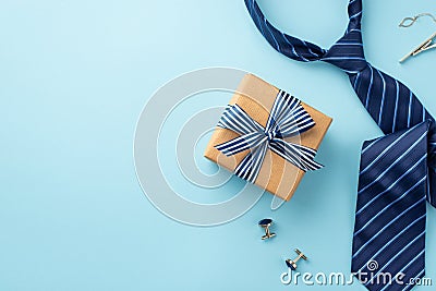 Father`s Day concept. Top view photo of craft paper giftbox with ribbon bow tie clip cufflinks and blue necktie on isolated paste Stock Photo