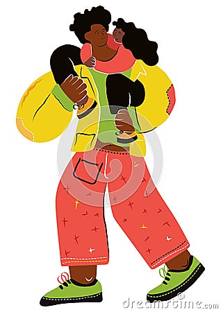 The daughter is sitting on her father's shoulders. Vector Illustration