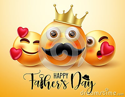 Father`s day emoji vector banner design. Happy father`s day text with 3d father and children character celebrating male parents. Vector Illustration