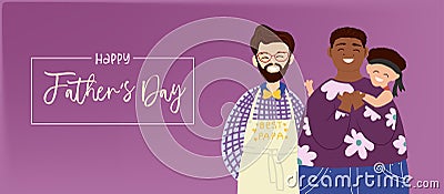 Father's day greeting card template. ready-to-print postcard layout. Portrait of a loving male same-sex couple Vector Illustration