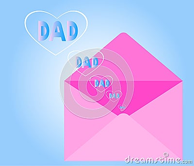 `Father`s Day.The heart shape frame surrounds the word that `DAD` floats out of the envelope. Stock Photo