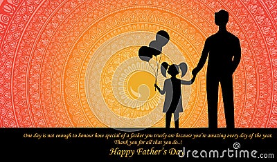 Father`s day illustration design in silhouette with balloons in daughter`s hand holding father hand with quote Cartoon Illustration