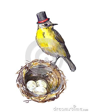 Father`s day illustration. Vintage bird in tall hat at nest with eggs. Watercolor Cartoon Illustration