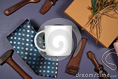 Father's Day or masculine birthday theme white coffee cup flatlay mockup. Stock Photo