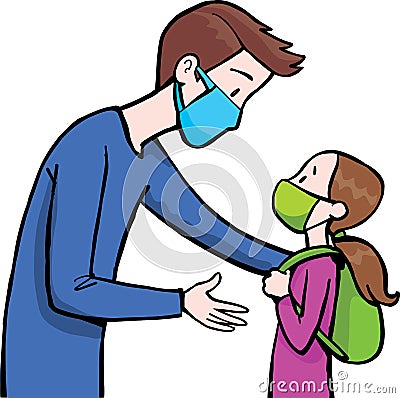 Father sends his daughter to school during virus isolation Vector Illustration