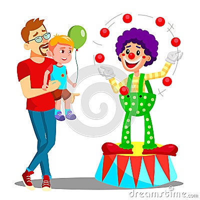 Father And Son In Amusement Park Vector. Clown. Isolated Illustration Vector Illustration