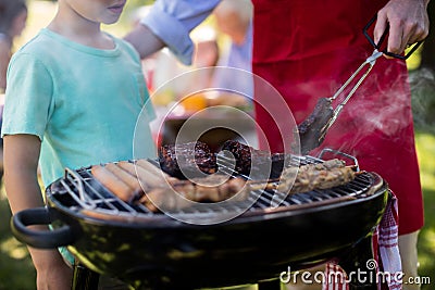 Father and son barbequing in the park Stock Photo