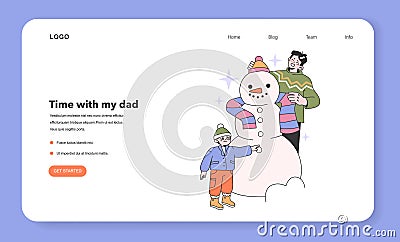 Father and son building and decorating a snowman on winter holiday Cartoon Illustration