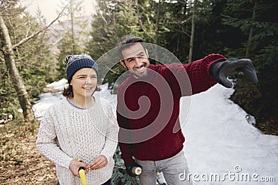 Choosing perfect Christmas tree Stock Photo