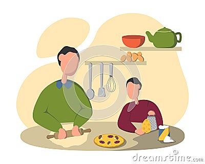 Father and Son Cooking Pizza Vector Illustration. Parent Teaching Child to Knead Dough. Cooked Homemade Pastry. Dad and Vector Illustration