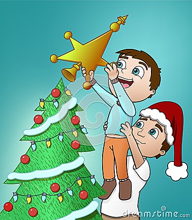 Father and Son decorate their tree Vector Illustration