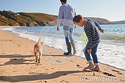 Father And Son With Dog Walking Along Beach By Breaking Waves On Beach Holding Fishing Net Stock Photo