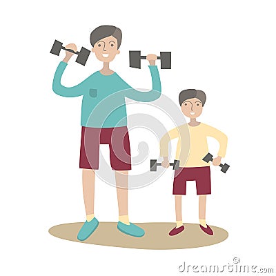 Father and son doing exercise with dumbbells. Family Sports and physical activity with children, joint active recreation Vector Illustration