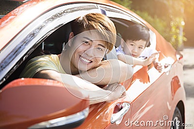 Father and son enjoy road trip Stock Photo