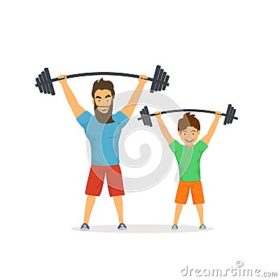 Father and son exercising together, lifting barbells in gym, dad gives good example to his kid, healthy lifestyle Vector Illustration