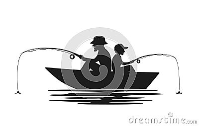 Father and son fishing on boat on a lake Vector Illustration