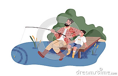 Father and son fishing together in nature. Happy dad and child resting by water. Bonding outdoor activity of parent and Vector Illustration