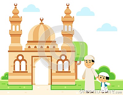 Father and son going to the Mosque Vector Illustration