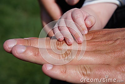 Father and son hands, adult and baby hands, fingers Stock Photo