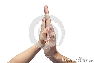 Father and son in high five gesture on white background Stock Photo