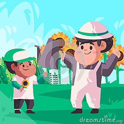 Father and son holding watering can pot kettle to the plants in their garden there are grass field and many sun flowers Vector Illustration