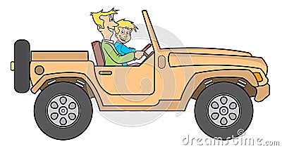 Father and son in jeep illustration Vector Illustration