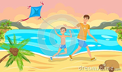 Father and Son Launch a Kite. Vector Illustration