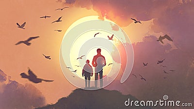 Father and son looking at the sunrise Cartoon Illustration