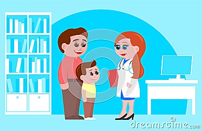 Father and son meet a woman doctor Vector Illustration