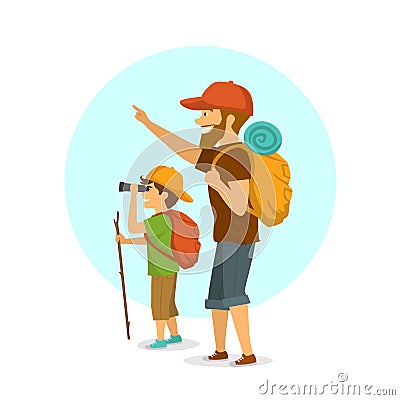 Father and son outdoors, boy and man camping hiking traveling with backpacks isolated cartoon vector illustration Vector Illustration