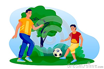 Father and son play soccer outdoors. Dad and boy playing football. Vector flat cartoon people characters illustration Vector Illustration