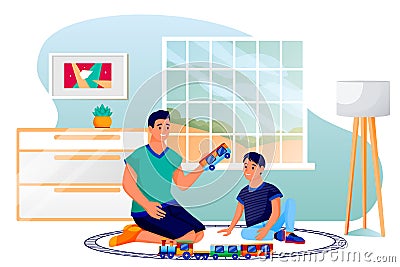 Father and son play with toy railway. Dad and little boy playing colorful train toys in playroom. Vector illustration Vector Illustration