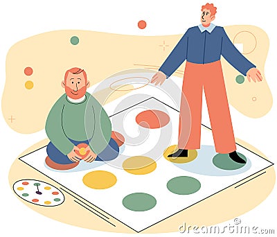 Father and son playing twister, people spend time together, parent and kid playing indoor game Vector Illustration