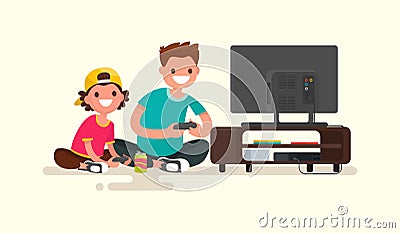 Father and son playing video games on a game console. Vector ill Cartoon Illustration