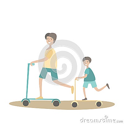 Father and son ride scooters. Family Sports and physical activity with children, joint active recreation. Vector Vector Illustration