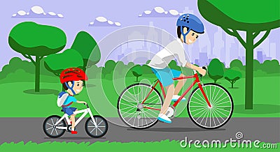 Father and son riding bikes in town park. Vector illustration Vector Illustration