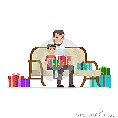 Father and Son Share Gifts. Christmas Illustration Vector Illustration