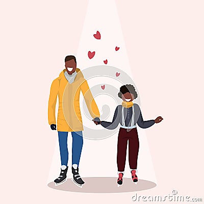 Father and son skating ice rink african american family wearing winter clothes holding hands holiday activities concept Vector Illustration