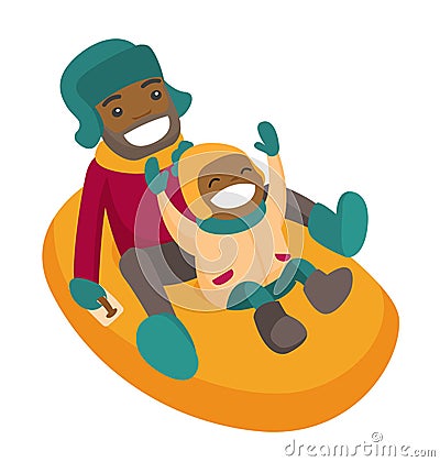 Father with son sledding down on snow rubber tube. Vector Illustration