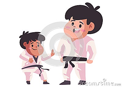 Father and son or teacher and student train teaching karate taekwondo in white uniform flat color isolated background Vector Illustration