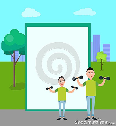 Father and Son Train with Dumbbells vector Vector Illustration