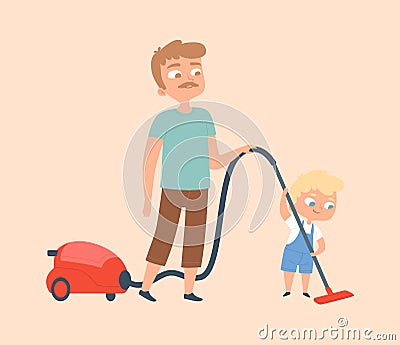 Father and son vacuuming. Householding, apartment cleaning. Man and baby boy with vacuum cleaning vector illustration Vector Illustration