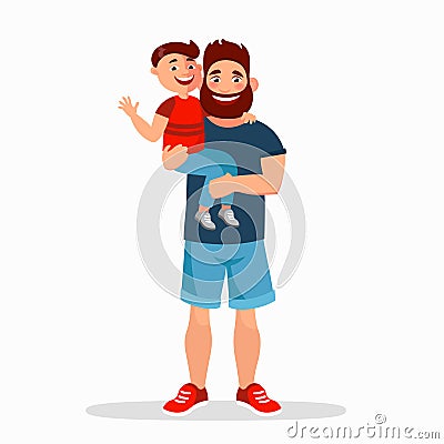 Father and son vector flat illustration. Father holding smiling child isolated on white background. Happy family cartoon Vector Illustration