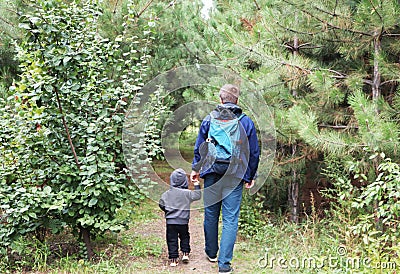 Father and son walk in the coniferous forest among the pines. The concept of family values, hike Stock Photo