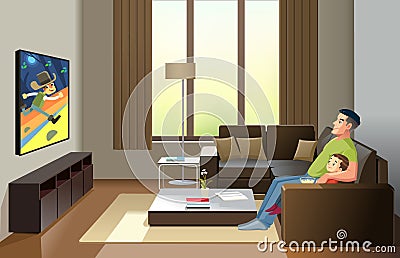 Father and son watching television at home, spend time together. Leisure and entertainment concept and Fatherhood child Vector Illustration