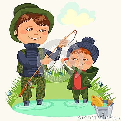 Father and son water fishing holding rod and bucket full fish, family kids vacation happy fathers day, dad with child Vector Illustration