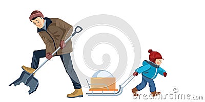 Father and son work together. Dad and boy cleans snow in the yard. Outdoor activity. Happy family. Concept Fatherhood Vector Illustration