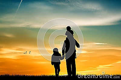 Father with sons silhouette at sunset Cartoon Illustration